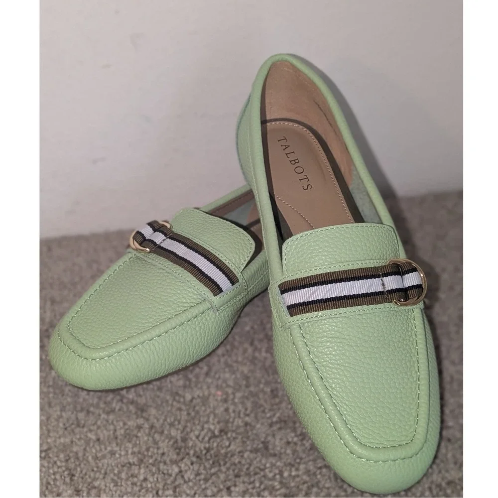 Talbots Mint Green Pebbled Leather‎ Driver Loafers Striped Strap Size 6.5M NEW